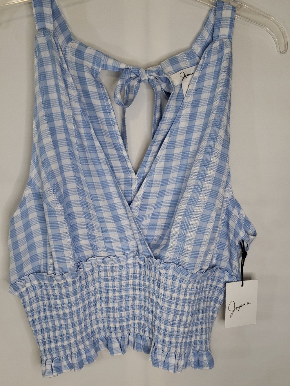Japna Blue & White Check V-neck Smocked Waist Tie Back Sleeveless Top